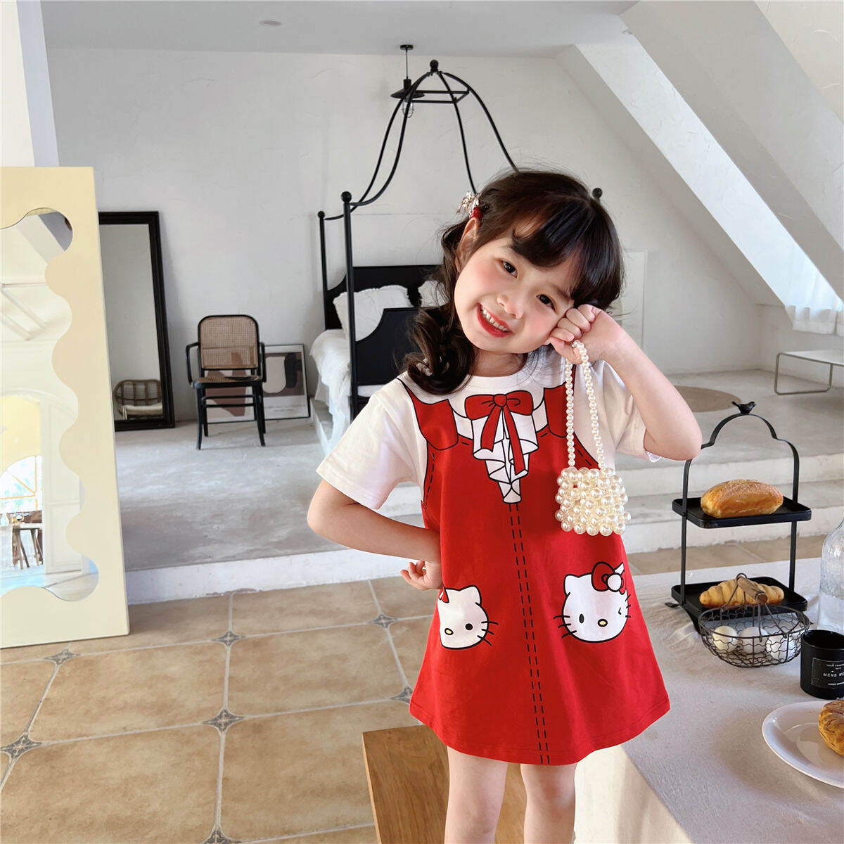 Dễ Thương Áo Ngắn Tay Mèo Kt Đầm Bé Gái Mùa Hè Thoải Mái Thời Trang Mới Phong Cách Hàn Quốc Trẻ Em Đầm Sữa Lụa Công Chúa Vải Chân Váy Chữ A