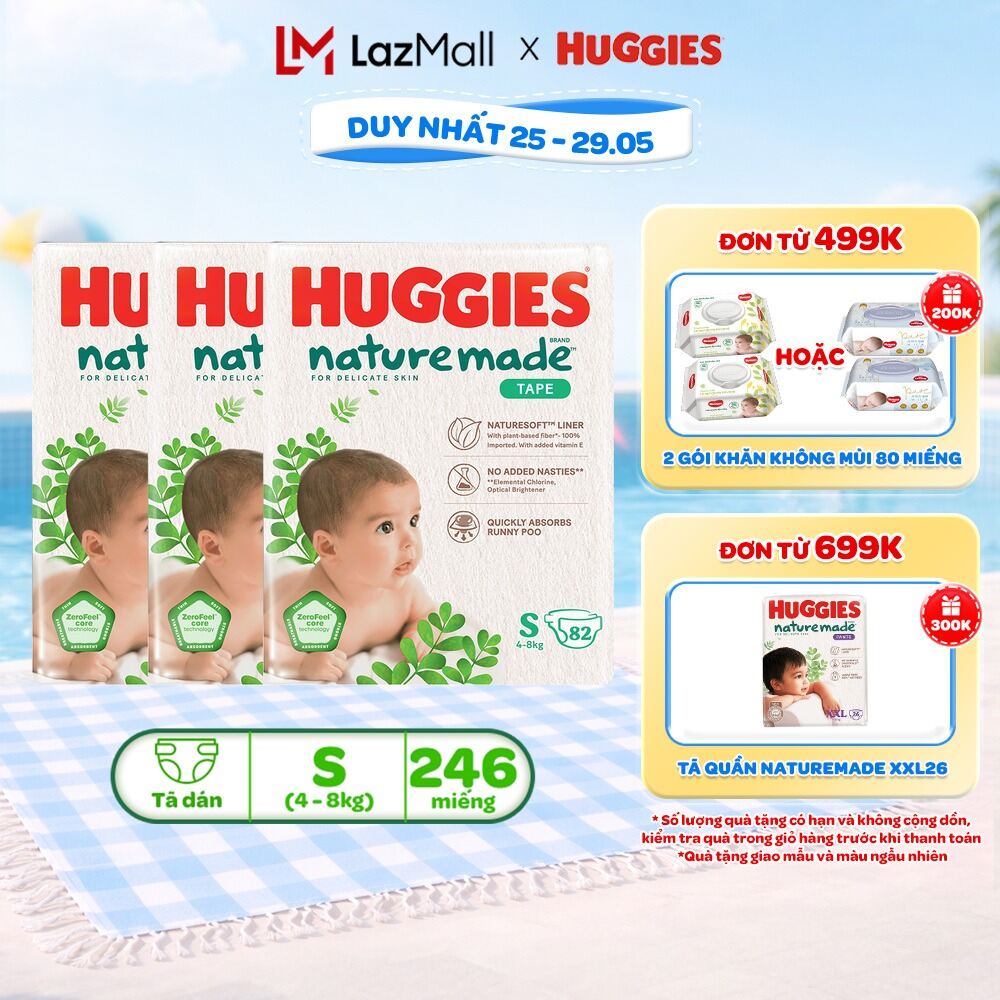 Combo 3 Tã/Bỉm dán sơ sinh Huggies NatureMade S82 (4-8kg)-Gói Super Jumbo 82 miếng
