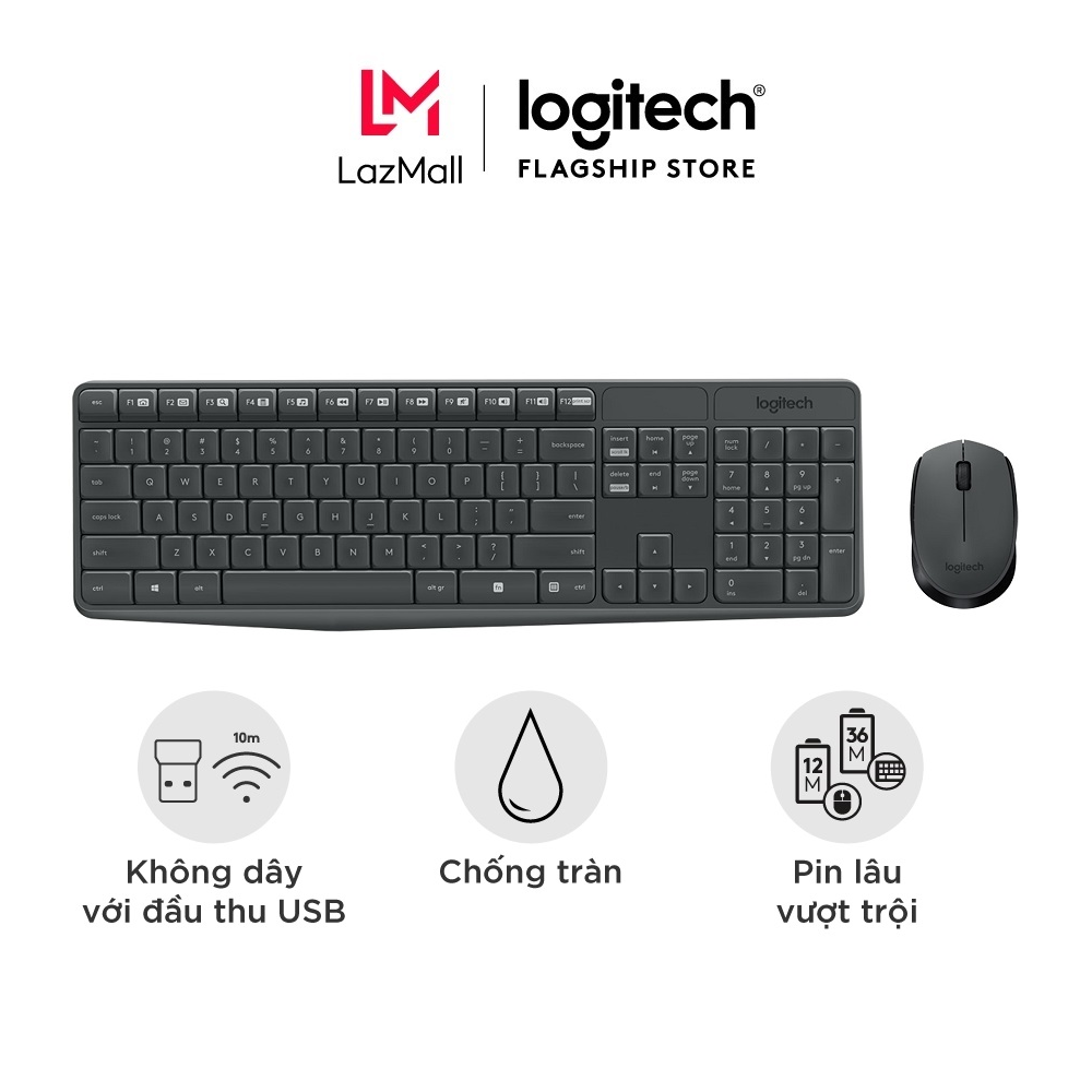 Bộ bàn phím và chuột không dây Logitech MK235 - Bàn phím Full-size Bền bỉ Đơn giản Thiết kế chống đổ