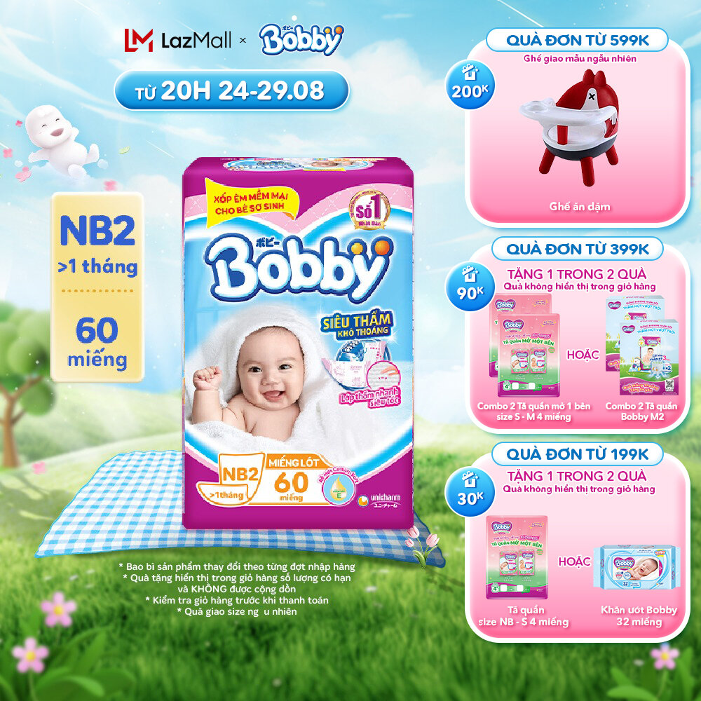 Miếng lót sơ sinh Bobby Newborn NB2 - 60 miếng - Siêu thấm khô thoáng