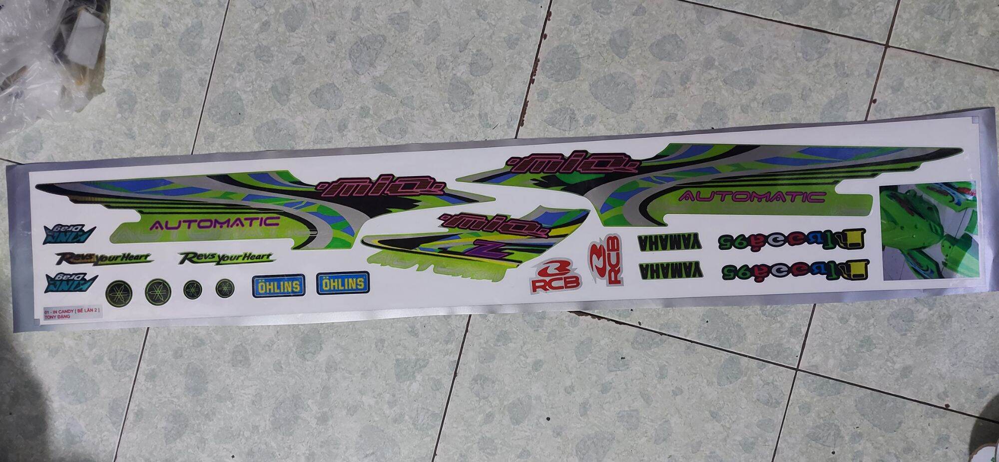 Tem xe Mio , Tem rời candy bóng cao cấp dán xe xanh , xe đen