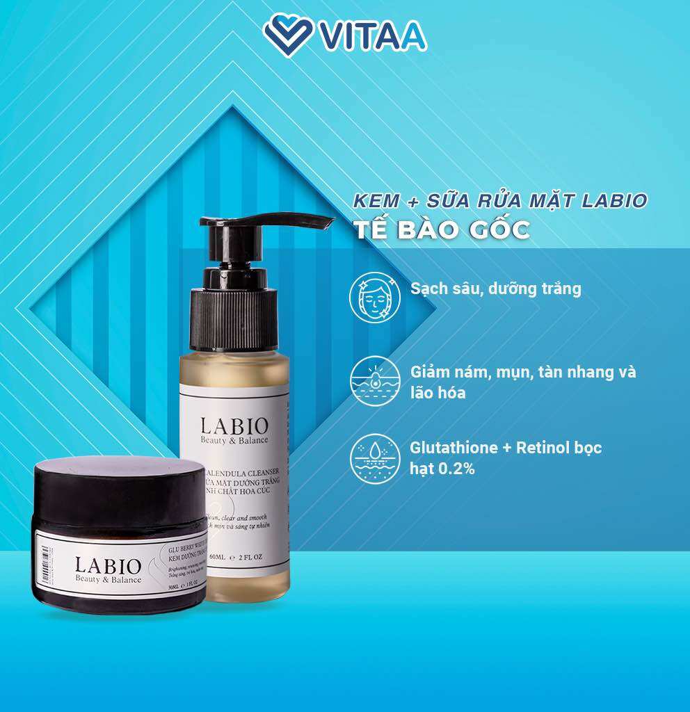 Combo 2 sữa rửa mặt & kem dưỡng trắng, cấp ẩm, chống lão hóa da labio glutathione