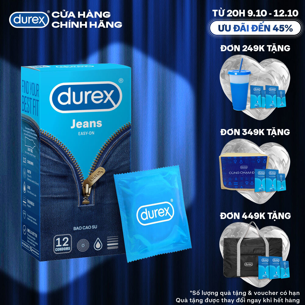 Bao cao su Durex Jeans cơ bản, bôi trơn, size 52.5mm, hộp 12 bao