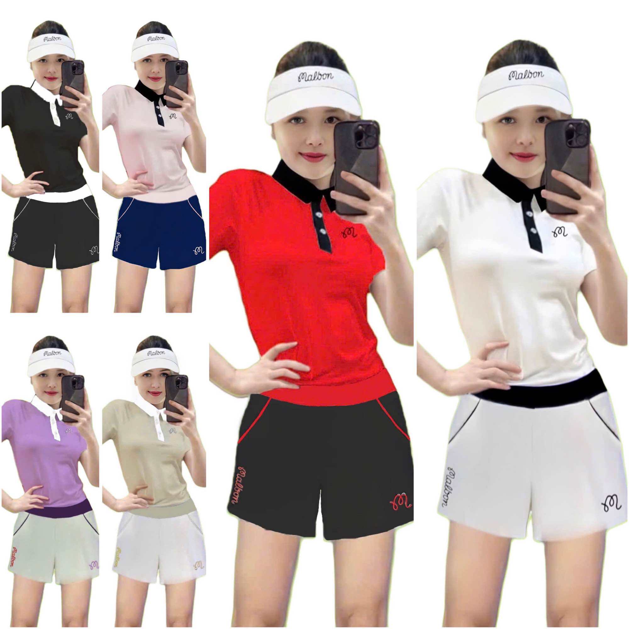 Bộ đùi Malbon có 2 túi áo cộc tay cổ trụ chơi pickleball, golf, tennis, cầu lông vải thun xốp siêu mịn đẹp