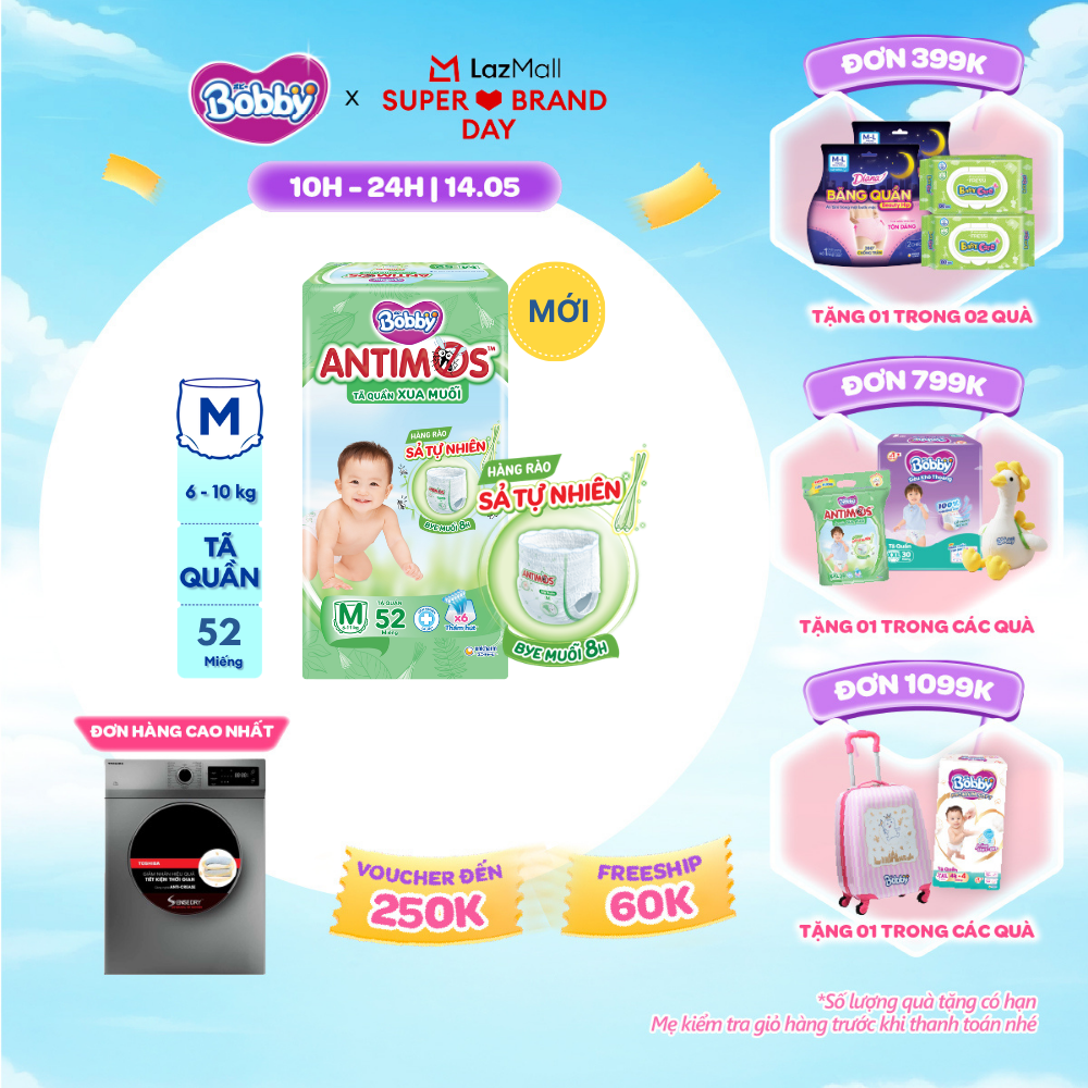 [SALE GIỮA THÁNG tặng QUÀ TO-SLCH][MỚI] Tã Quần Xua Muỗi Bobby Antimos – Hàng rào Sả tự nhiên Bye Muỗi 8H - Size M 52 miếng