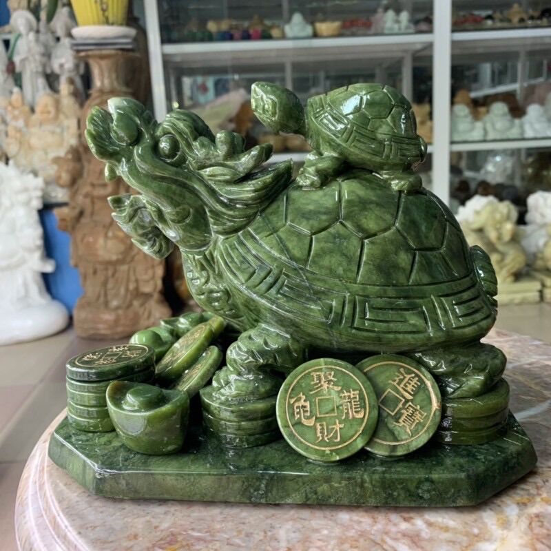 Tượng Long Quy cõng con phong thủy đá ngọc Ấn Độ - Dài 22 cm