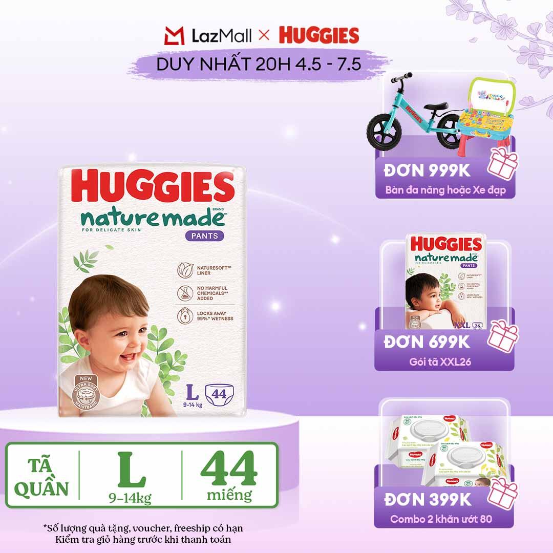 [CHỈ 20h 04-07.05 QUÀ TẶNG ĐƠN 399K](Mua 1 tặng 1) Tã/Bỉm quần HUGGIES PLATINUM NatureMade L44 (9-14kg)-Gói Jumbo 44 miếng