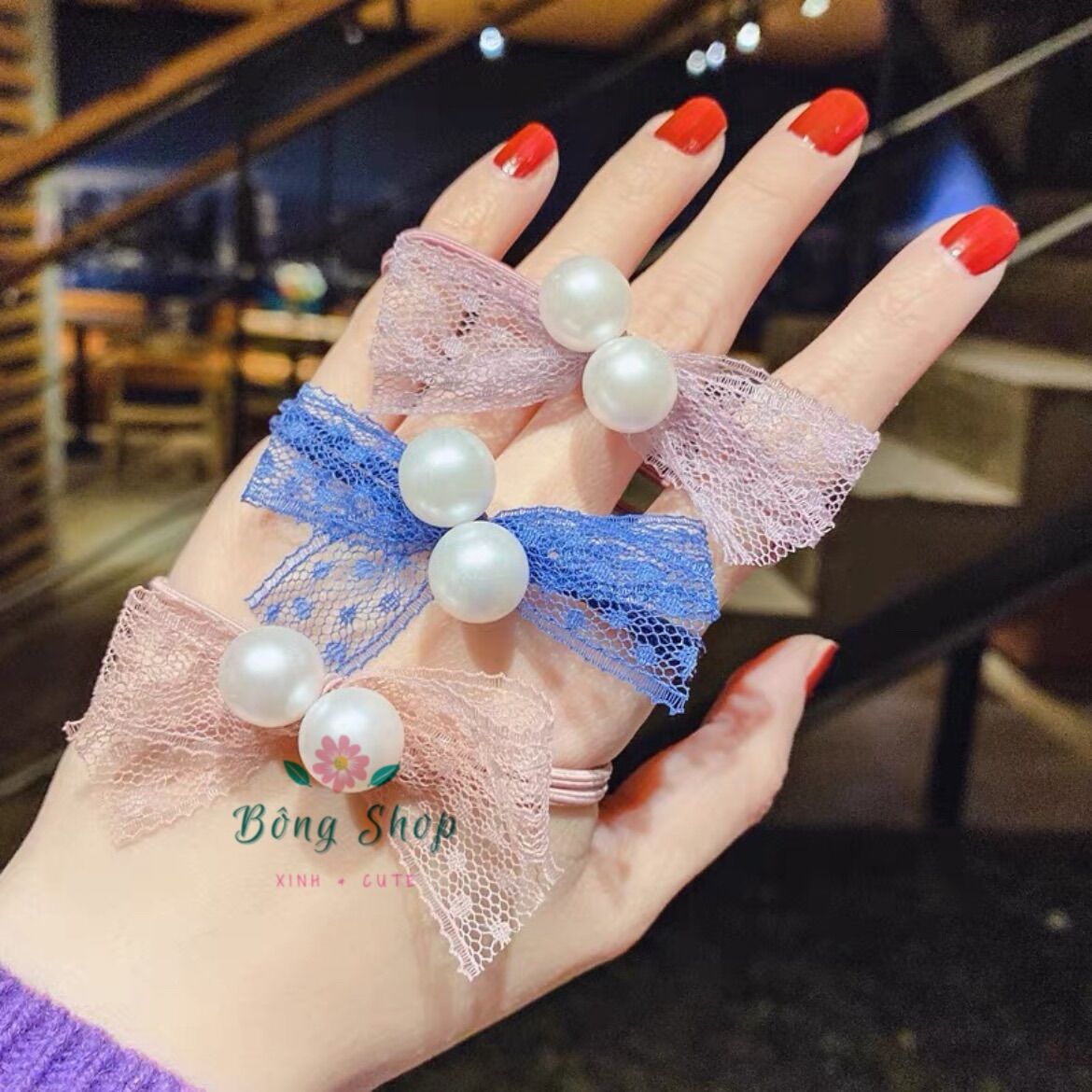 Combo 3 dây cột tóc nơ ren ngọc trai giả xinh xắn