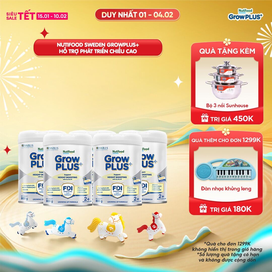 Combo 5 Sữa Bột Nutifood Sweden GrowPLUS+ Cao lớn vượt trội - Hỗ trợ phát triển chiều cao trên 2 tuổ