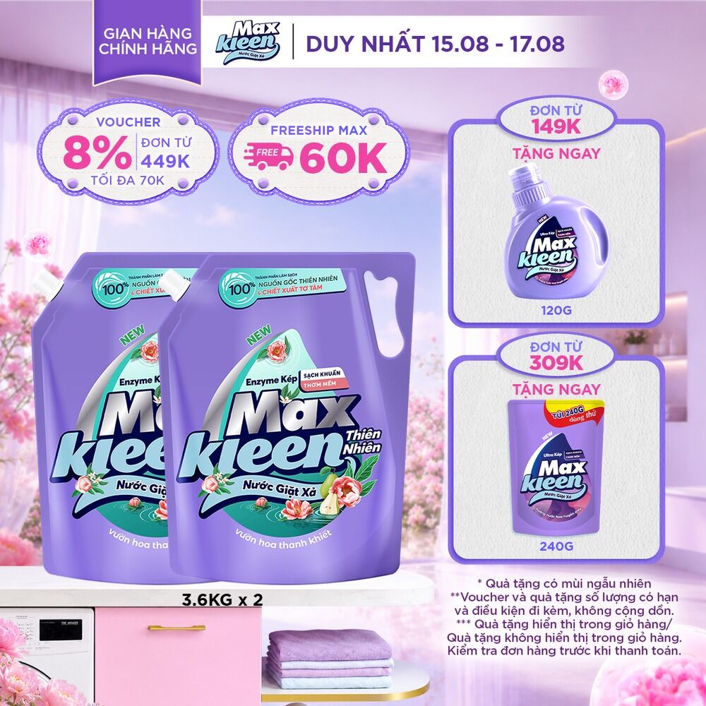 Combo 2 Túi Nước Giặt Xả MaxKleen Thiên Nhiên 3.6kg/túi