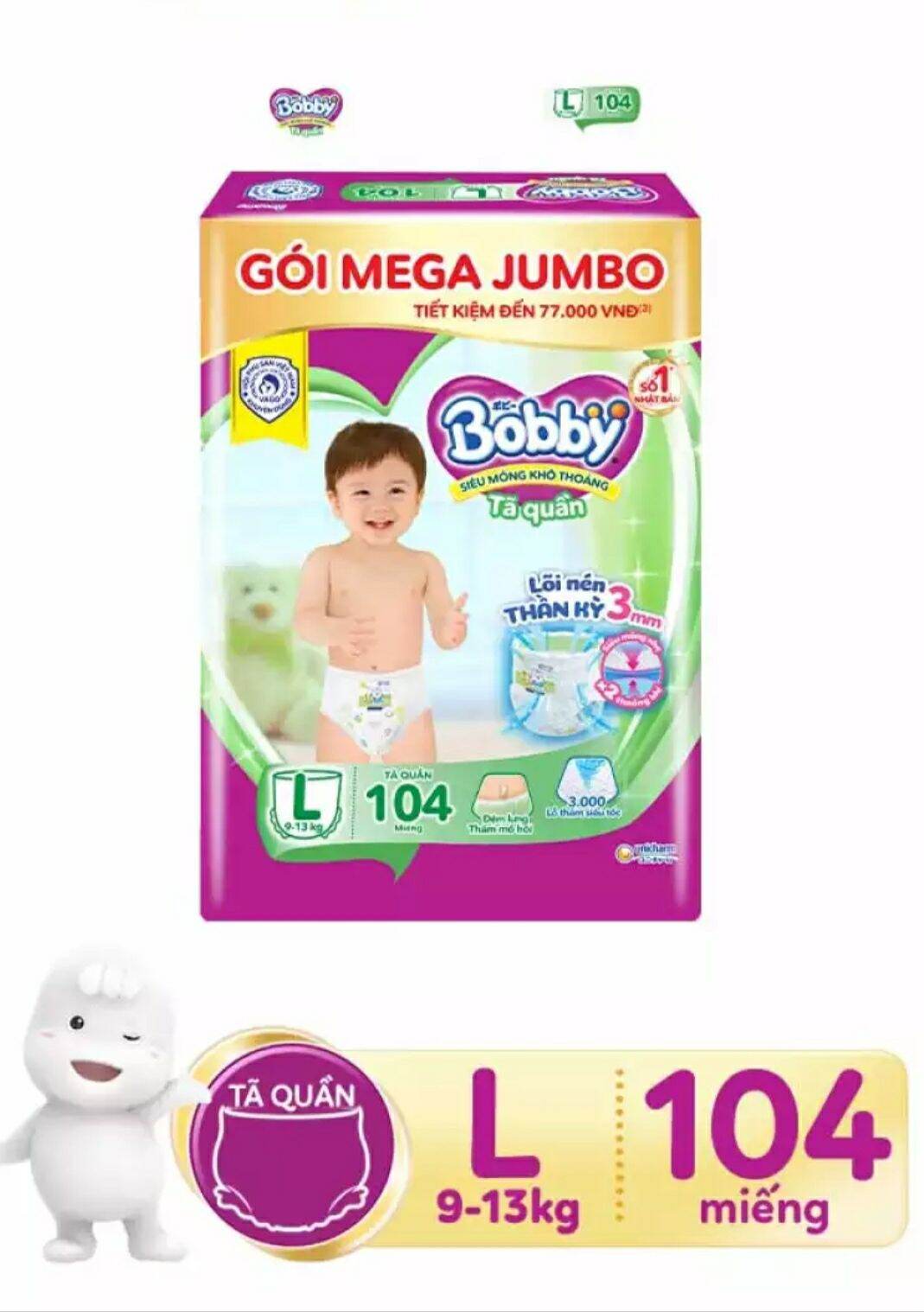 Tã bỉm quần bobby l 104 miếng, l104