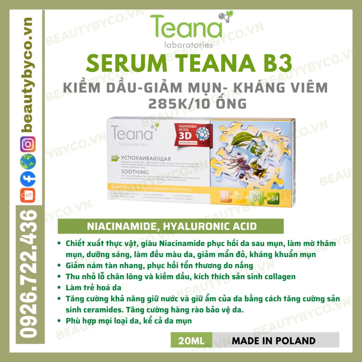 Serum Teana B3 Giảm Viêm Đỏ Mờ Thâm Sẹo Mụn Dưỡng Sáng Đều Màu Da