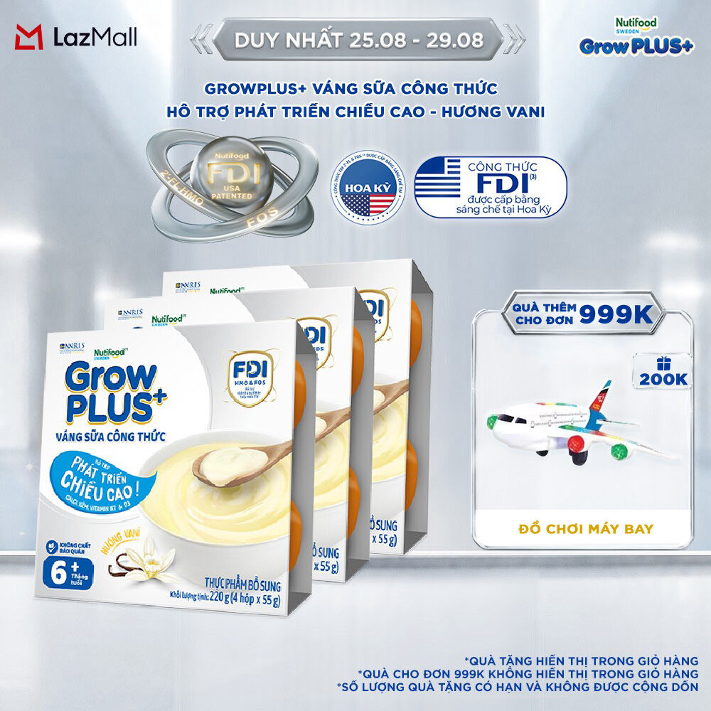 Combo 3 lốc GrowPLUS+ Váng sữa công thức - Hỗ trợ phát triển chiều cao hương Vani & vị Socola (55g x 12 hộp)