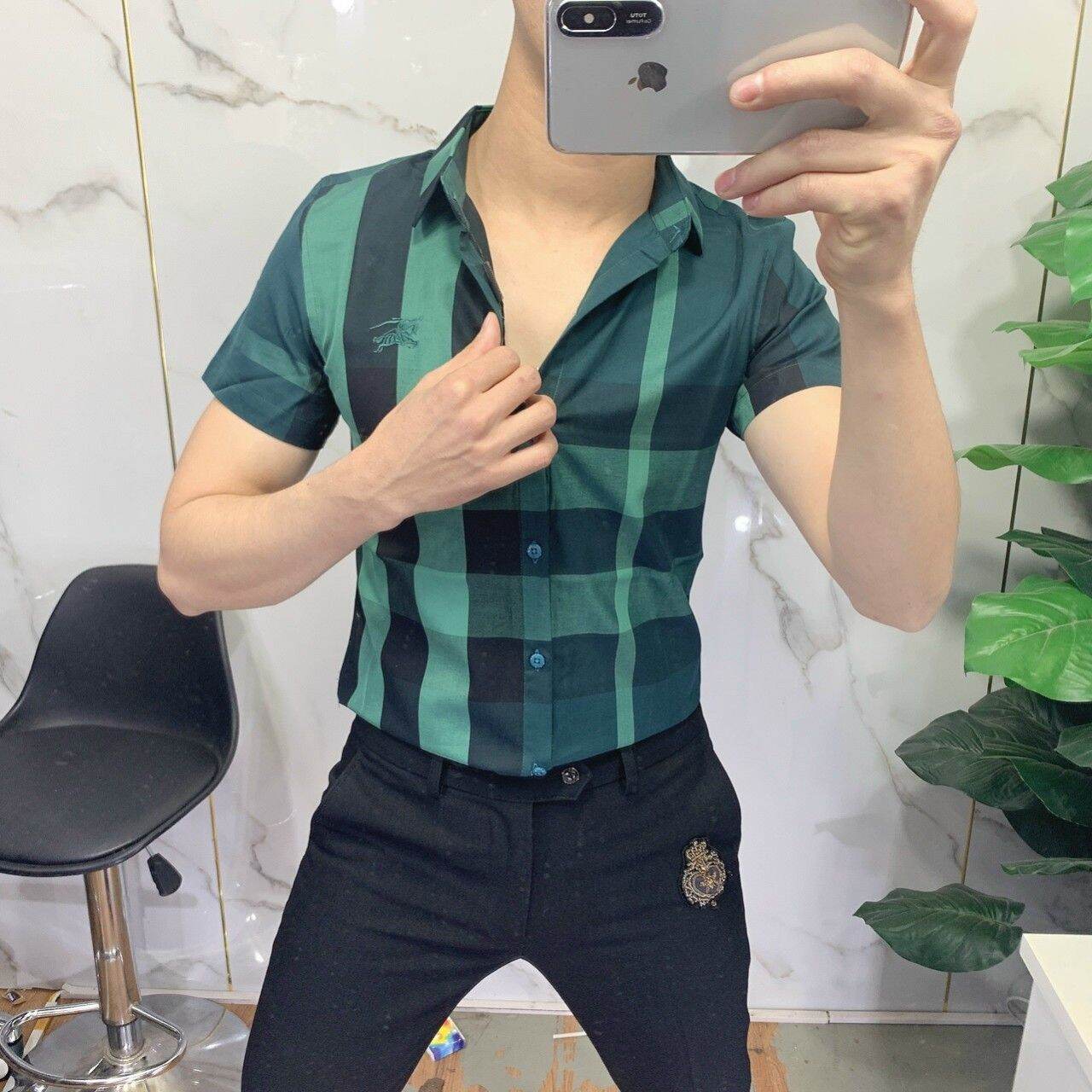 Men's colorful plaid short sleeve shirt cotton breathable does not fade