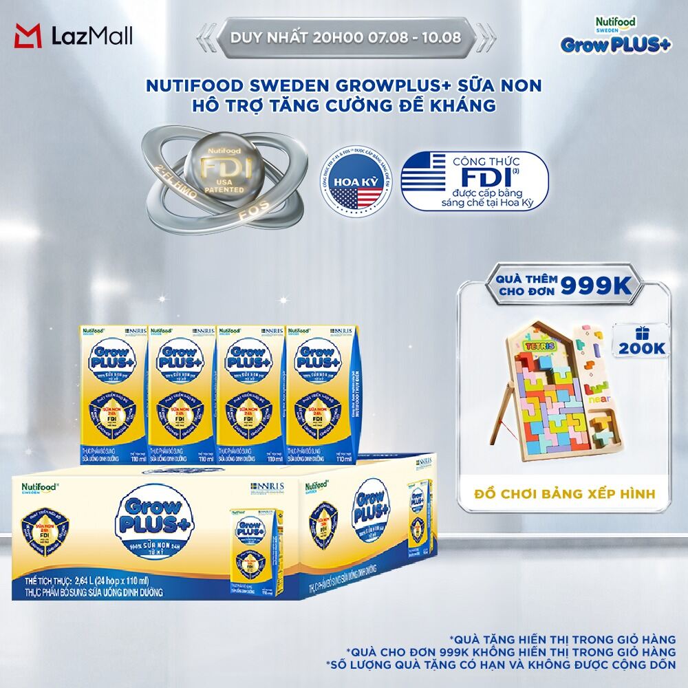 Thùng 24 hộp Sữa Bột Pha Sẵn Nutifood GrowPLUS+ Sữa Non (Vàng) - Hỗ Trợ Tăng Cường Đề Kháng 110ml