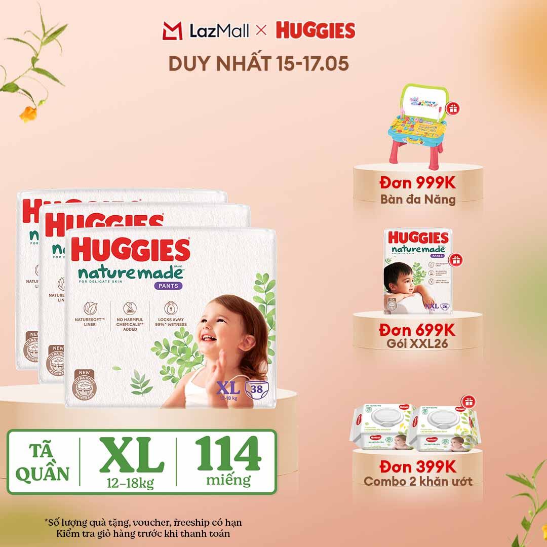 [CHỈ 15-17.05 QUÀ TẶNG ĐƠN 399K](Mua 1 tặng 1) Combo 3 Tã/Bỉm quần HUGGIES PLATINUM NatureMade XL38 (12-18kg)-Gói Jumbo 38 miếng