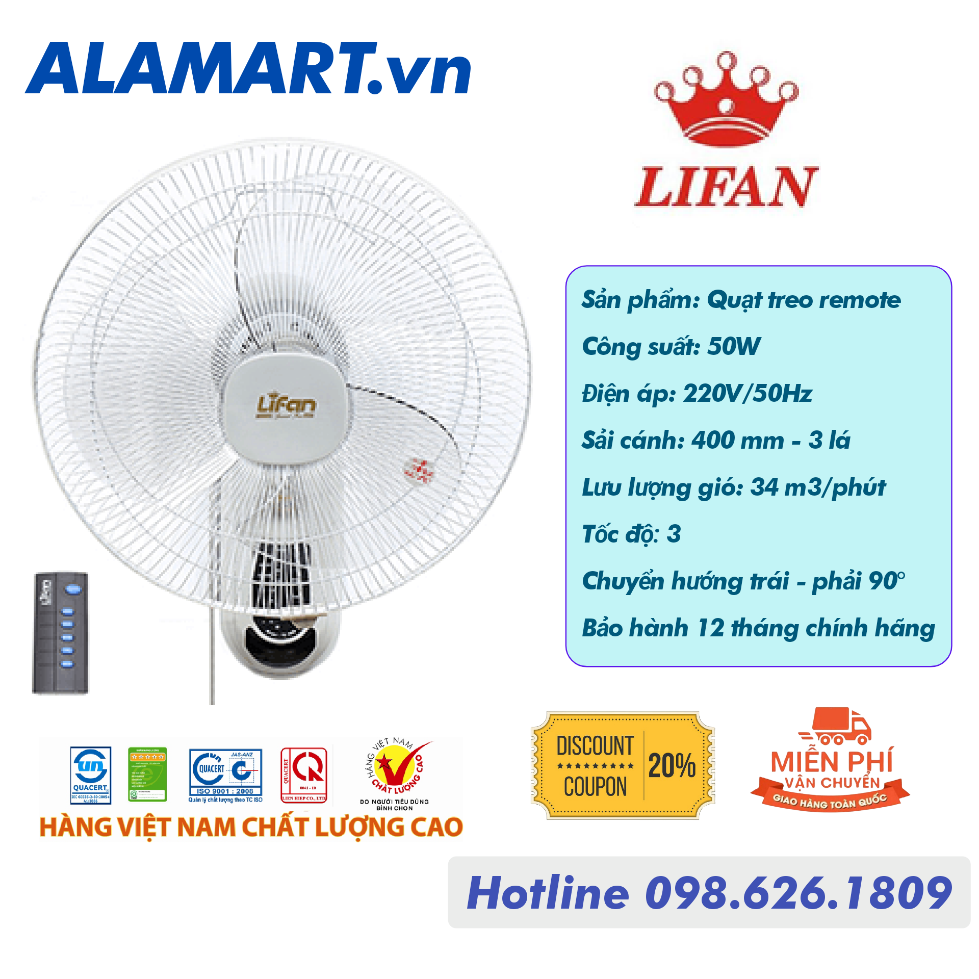 Quạt treo tường remote Lifan TE-1688 động cơ dây đồng sải cánh 400 mm hoạt động êm ái