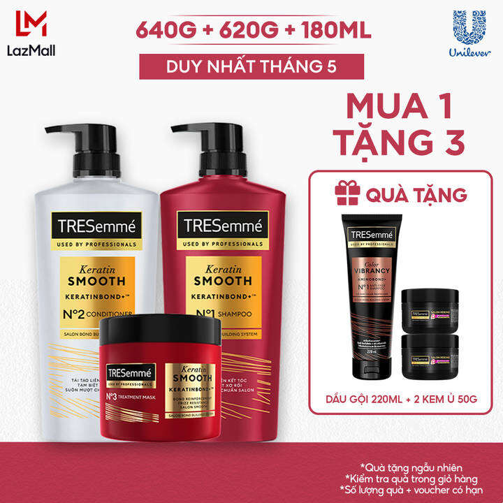 Combo Dầu Gội, Dầu Xả, Kem Ủ TRESemmé Keratin Smooth Keratinbond+ 640g, 620g, 180ml Cho Tóc Khô Xơ Rối Vào Nếp Suôn Mượt