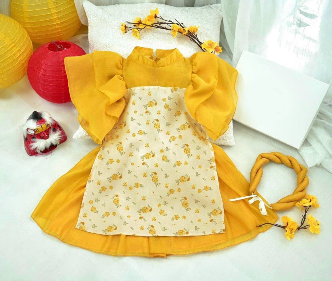 Set áo dài cách tân kèm mấn tay phồng cho bé 8kg đến 35kg