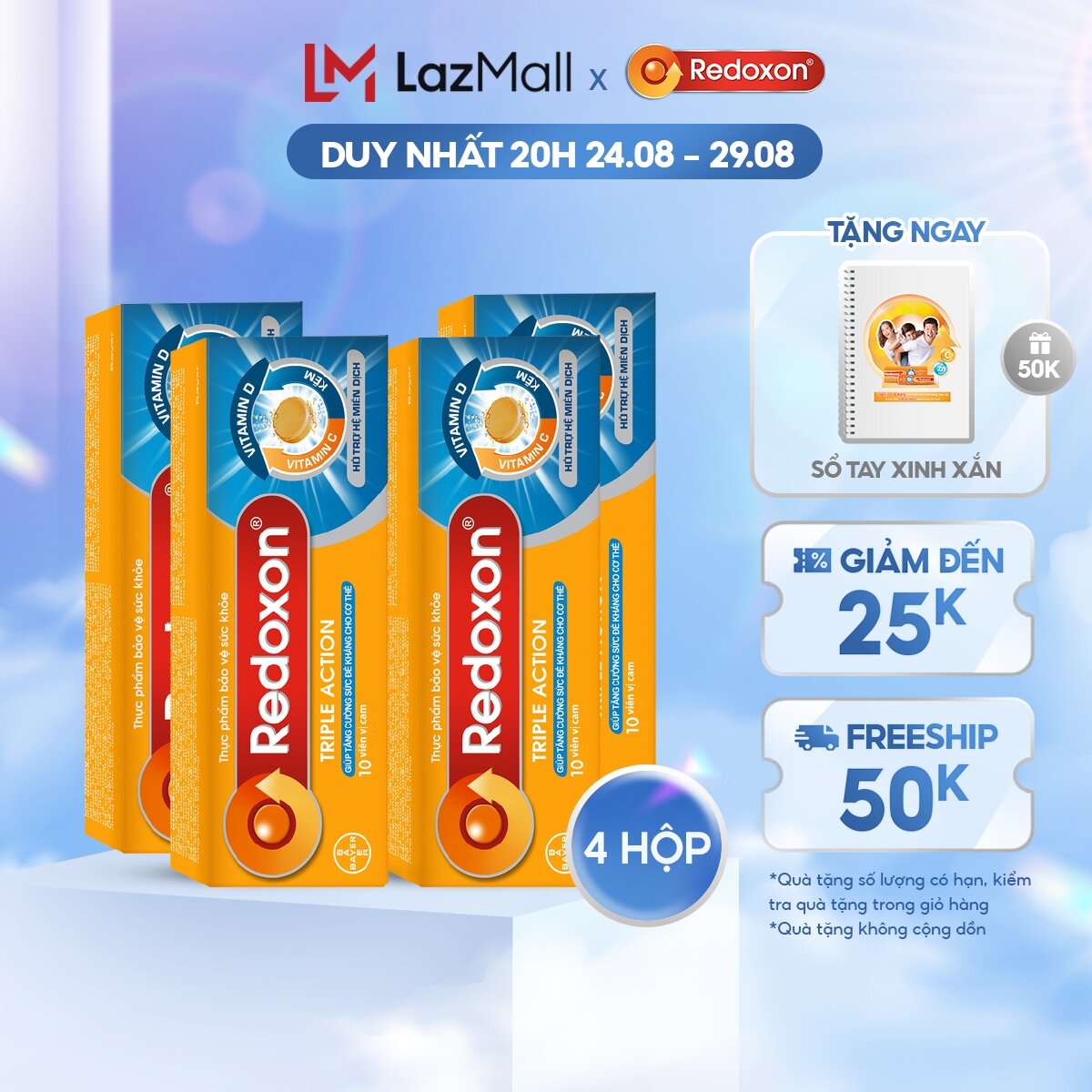Bộ 4 viên sủi bổ sung vitamin c, d, và kẽm redoxon triple action 10 viên