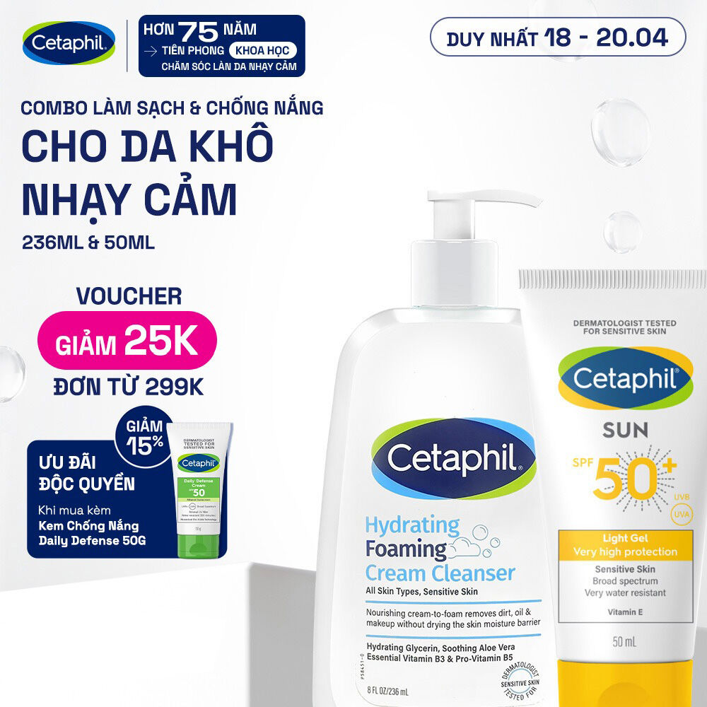Combo Làm sạch  Chống nắng cho da khô - Sữa Rửa Mặt Tạo Bọt Cetaphil Hydrating Foaming 236ml + Gel chống nắng SPF 50+ 50ML
