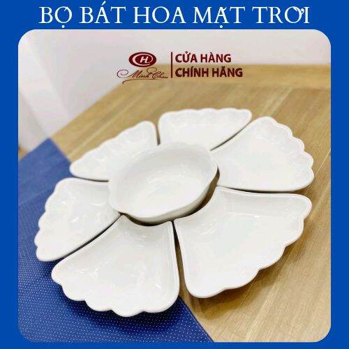 Bộ bát đĩa hoa mặt trời, trắng trơn.
