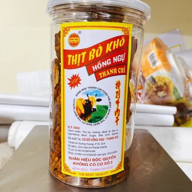 khô bò giòn hồng ngự lon 250gr
