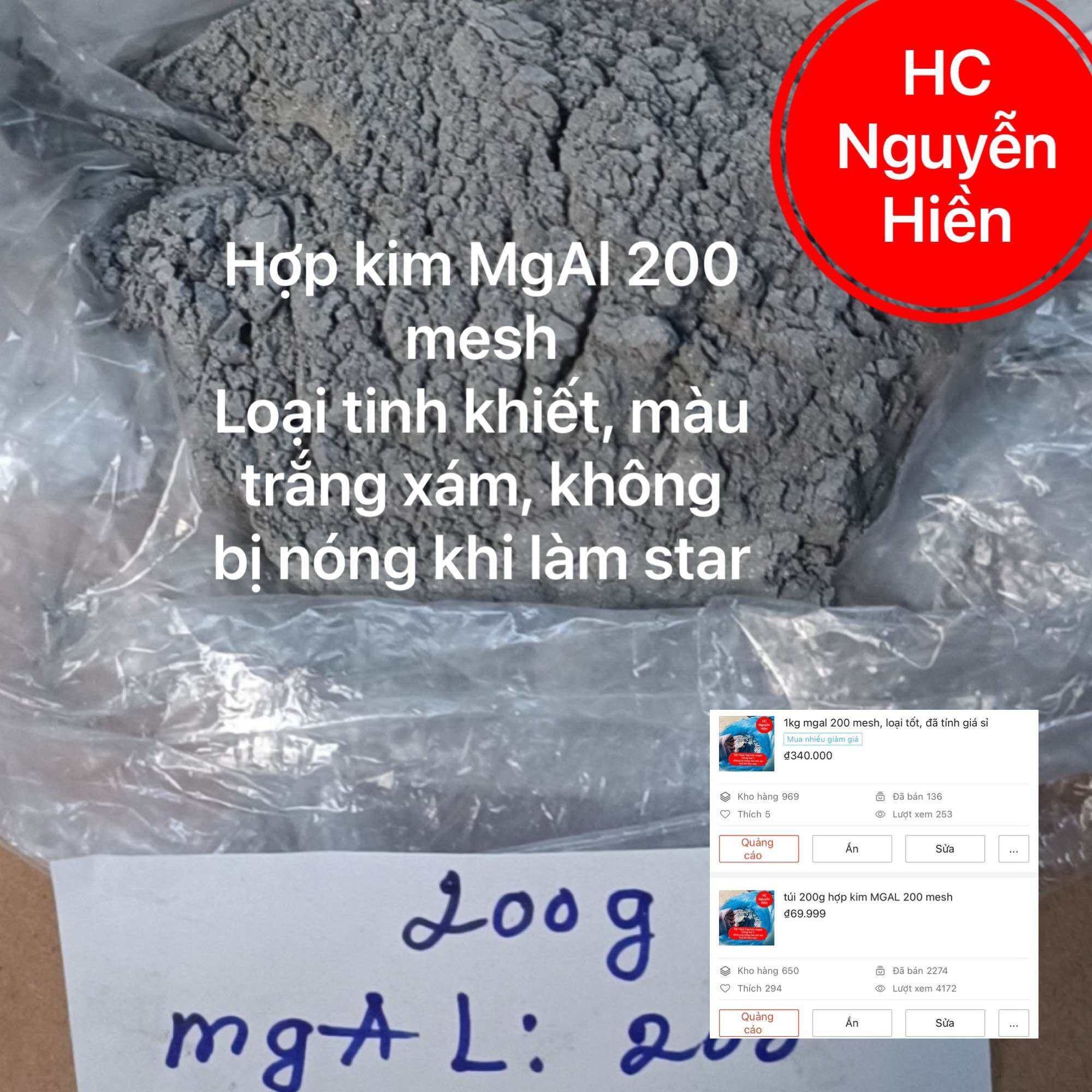 Túi 1kg MgAl-mgal 200 mesh 99%. Hợp kim nhôm-magie 50/50