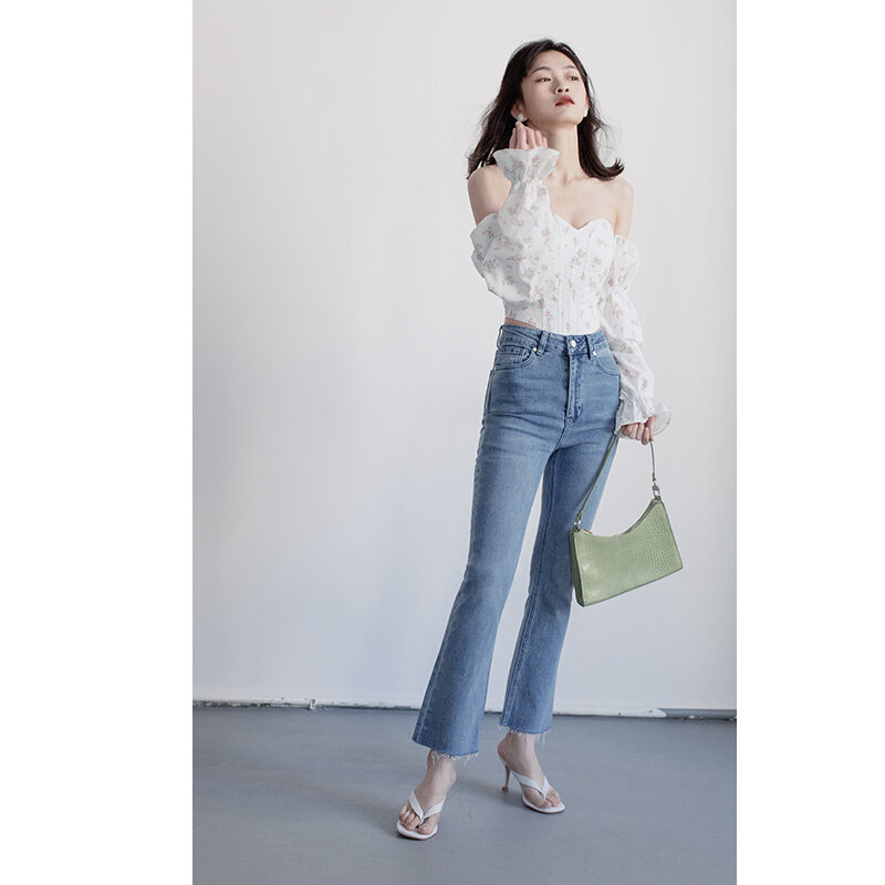 Quần Bò Ống Hơi Loe Co Giãn Cạp Cao Tuyệt Đối Tỉ Lệ Nâng Cao Twosweet Quần Chín Tấc Dáng Người Nhỏ Tôn Dáng Gầy Mùa Xuân