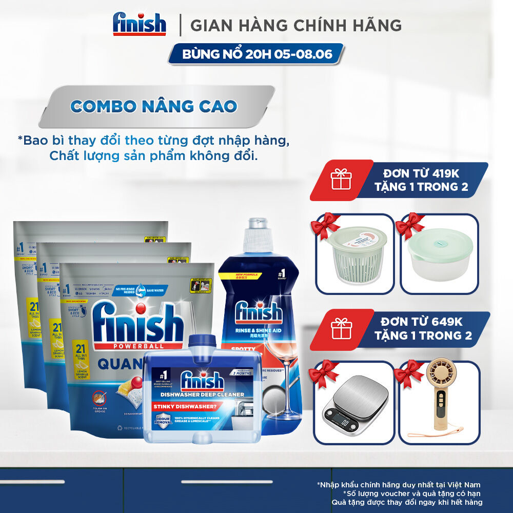 Combo Nâng Cao: 3 X Túi 21 Viên Nước Rửa Bát Powerball Quantum + Nước Làm Bóng Rinse  Shine Aid + Dung Dịch Tẩy Rửa Máy Rửa Chén Bát