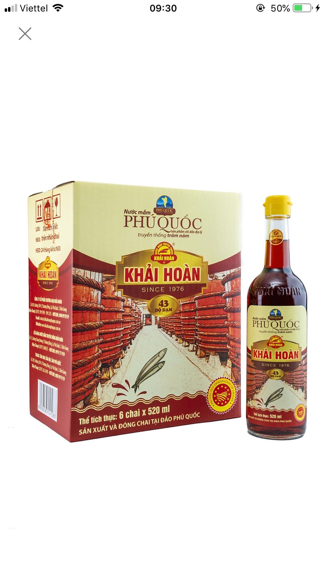 Nước mắm Phú Quốc Khải Hoàn 43 độ đạm - Thùng 6chai/520ml