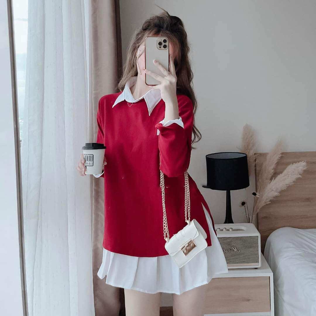 váy sơ mi trắng mix áo đỏ xinh hết nấc