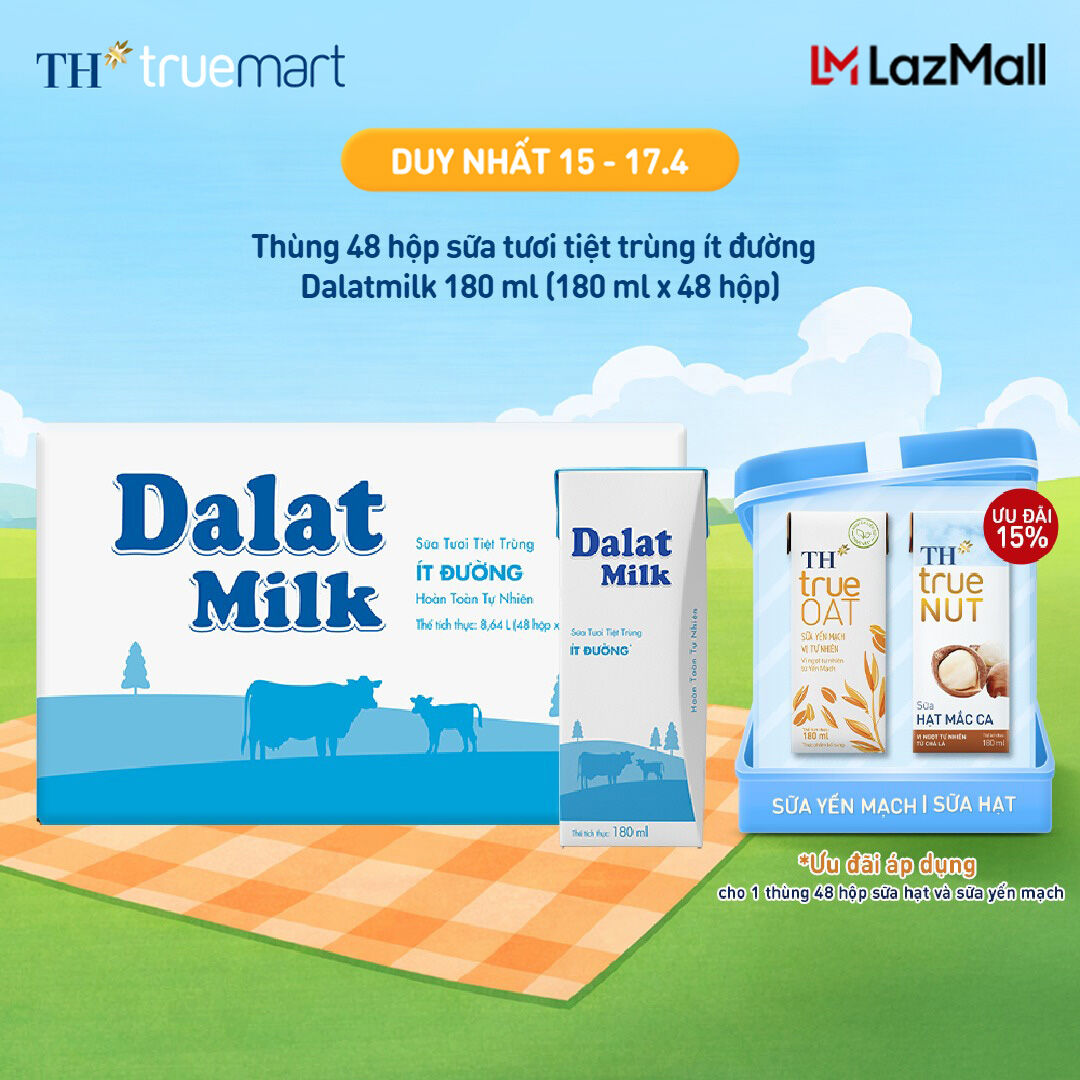 Thùng 48 hộp sữa tươi tiệt trùng Dalatmilk ít đường 180 ml (180 ml x 48)