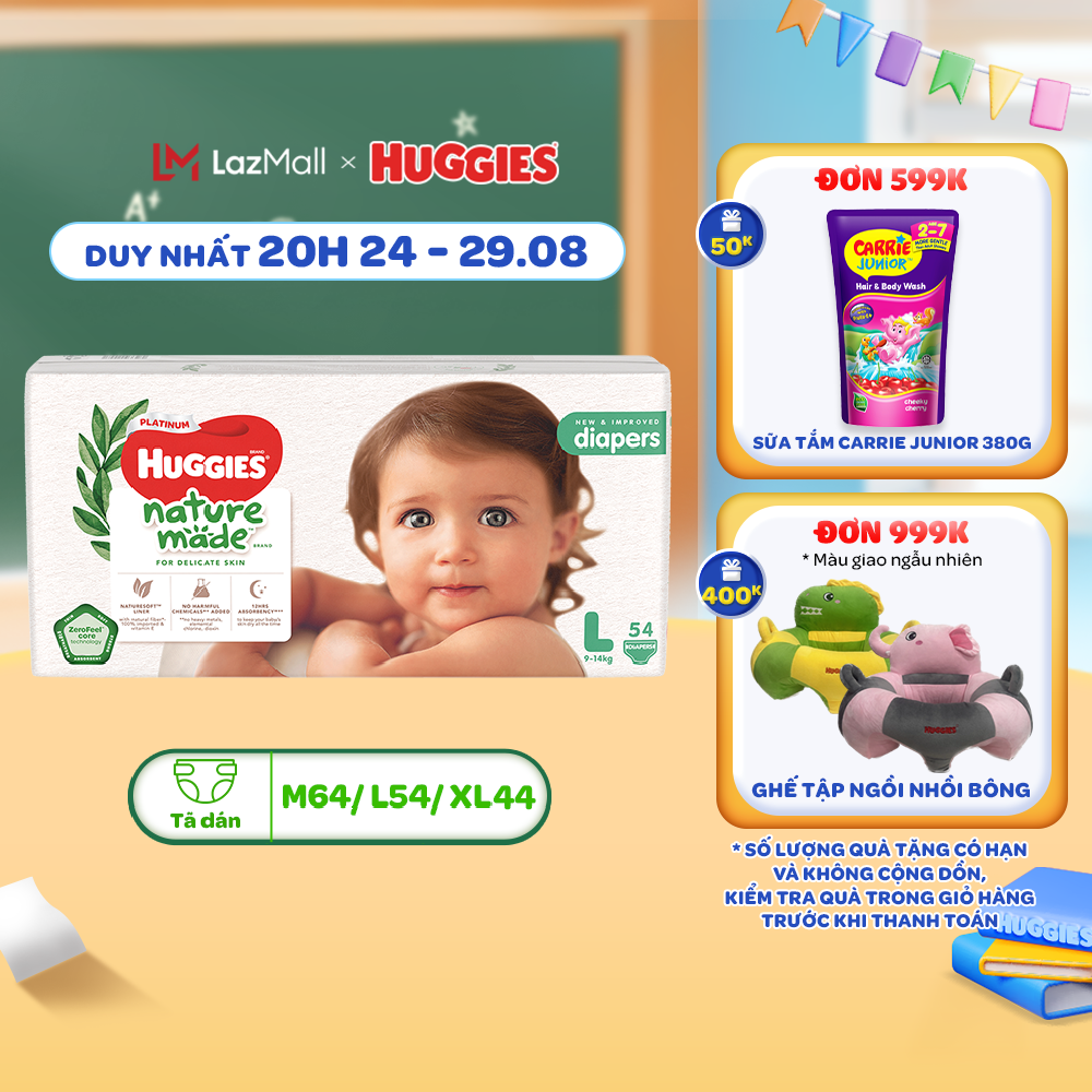 Tã/bỉm dán huggies platinum naturemade m64/l54/xl44