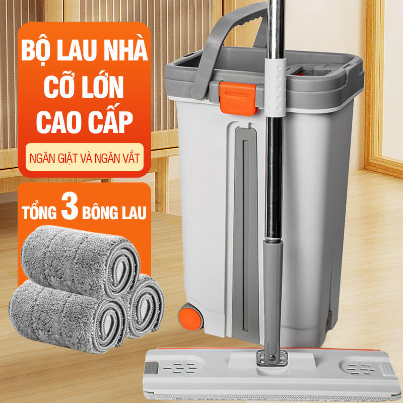 Bộ cây lau nhà cỡ lớn Kitimop-ProMax có thùng lau nhà tự vắt thông minh kèm bánh xe chổi lau nhà 360