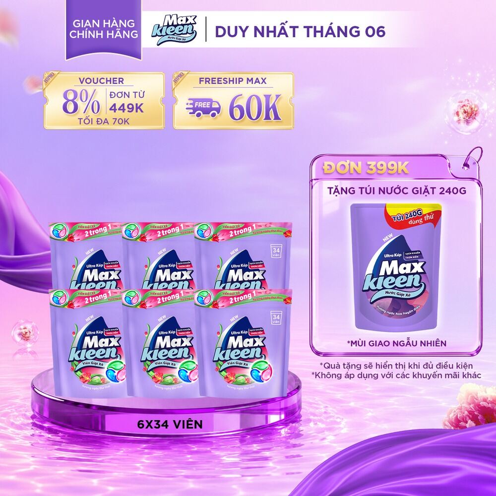 Combo 6 Túi viên giặt xả MaxKleen hương Nước Hoa Huyền Diệu (34 viên/ túi)