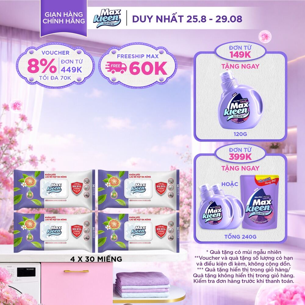 Combo 4 gói Khăn Ướt Lau Bề Mặt Đa Năng MaxKleen 30 Miếng/gói