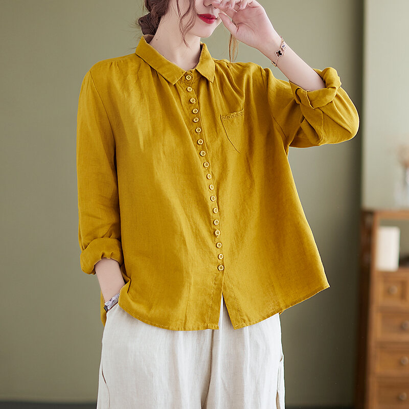 Áo Sơ Mi Dài Tay Vải Lanh Nghệ Thuật Cổ Điển Mẫu Mới Mùa Xuân 2023 Áo Cotton Lanh Dễ Phối Dáng Gầy Cỡ Lớn Rộng Rãi Cho Nữ