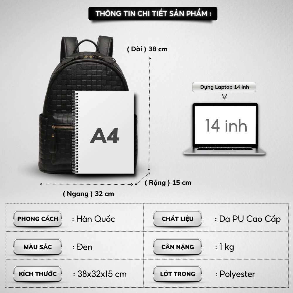 Balo ô vuông màu đen da pu size lớn