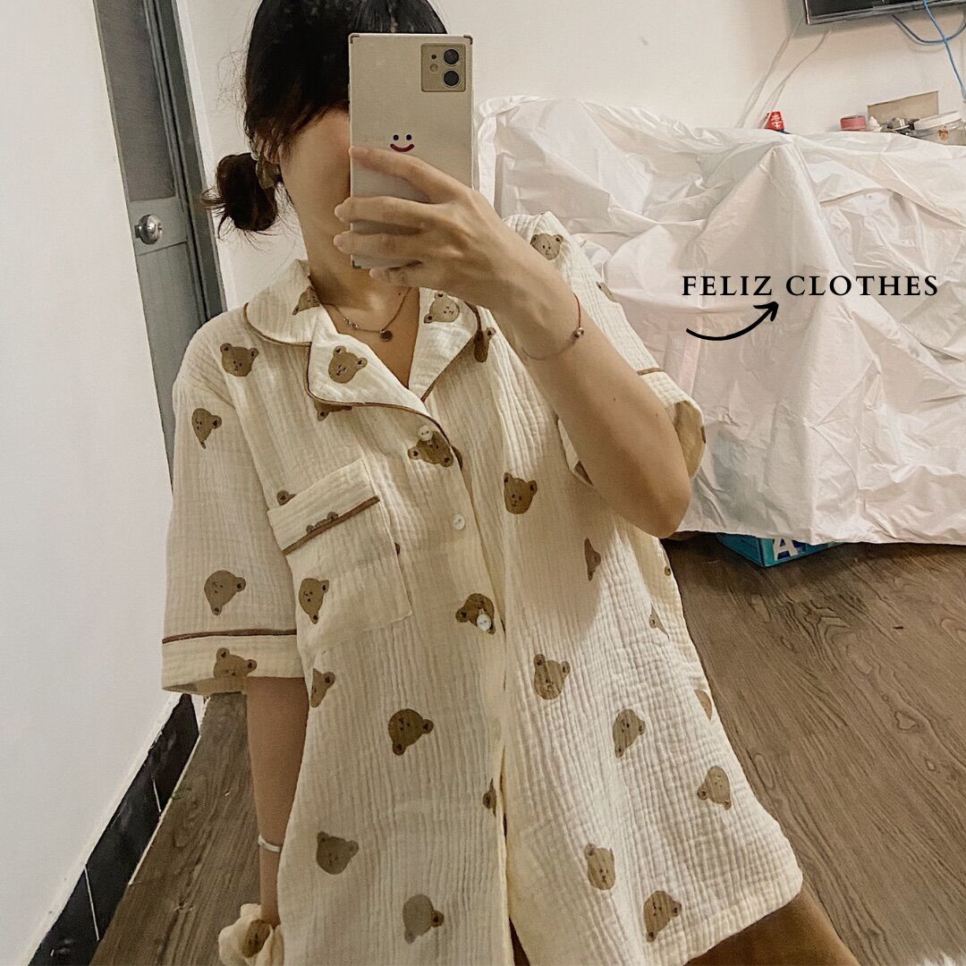 Pyjama xô muslin gấu siêu đáng yêu kết hợp cùng quần nâu