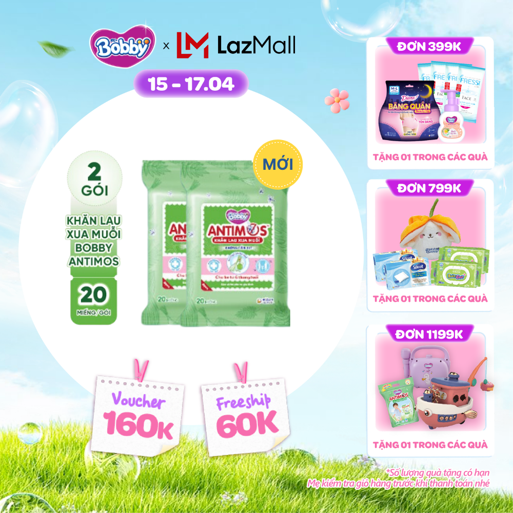 [CHỈ 25-29.04 QT Đơn 899K/1199K]MỚI] Bộ 2 gói khăn lau xua muỗi Bobby Antimos 20 miếng