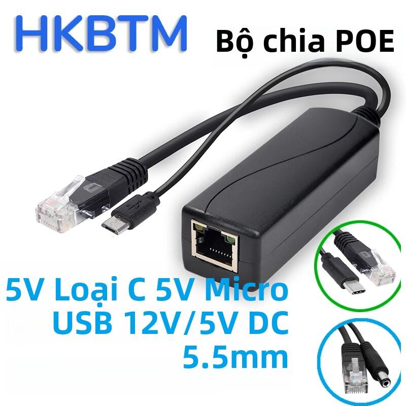 HKBTM POE Splitter 48V Đến 5V 12V Micro USB Tpye-C BarrelJack Nguồn Điện Cung Cấp Cho Huawei cho Hik