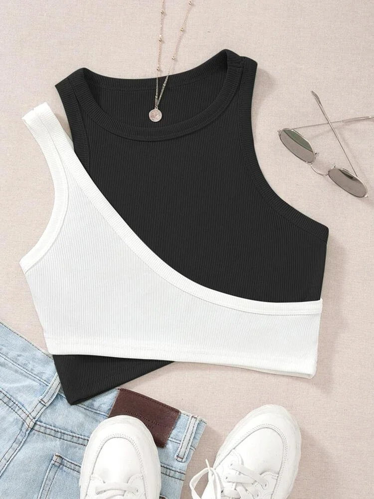 Áo croptop Đen tà xéo mix Áo trắng lệch vai