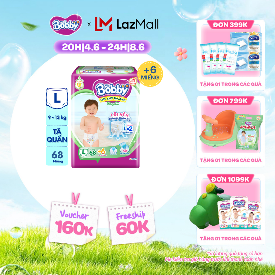 [QUÀ TẶNG HẤP DẪN TỪ 9-10.6]Tã/bỉm quần Bobby Ultra Jumbo 3mm Siêu khô thoáng L70