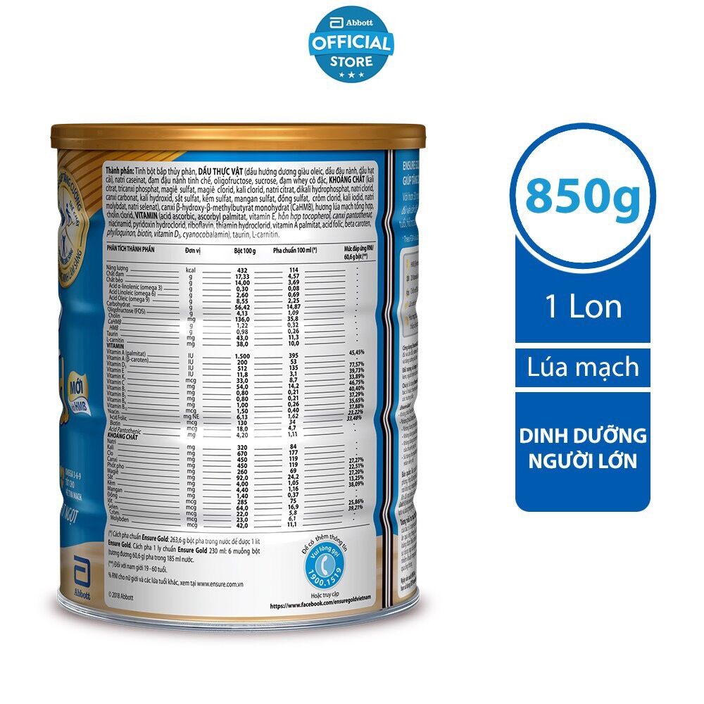 Sữa bột Ensure Gold Abbot hương Vani/ Lúa mạch lon 850gram