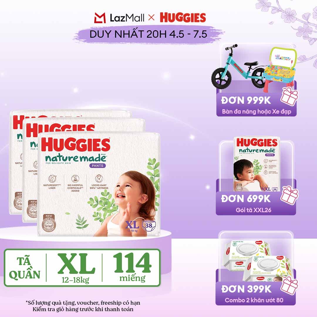 [CHỈ 20h 04-07.05 QUÀ TẶNG ĐƠN 399K](Mua 1 tặng 1) Combo 3 Tã/Bỉm quần HUGGIES PLATINUM NatureMade XL38 (12-18kg)-Gói Jumbo 38 miếng