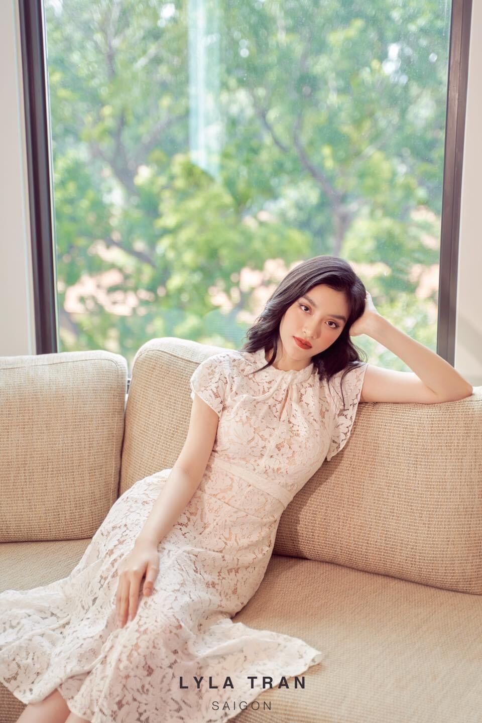Đầm ren xanh/trắng cổ cao phom A (DONNIE)