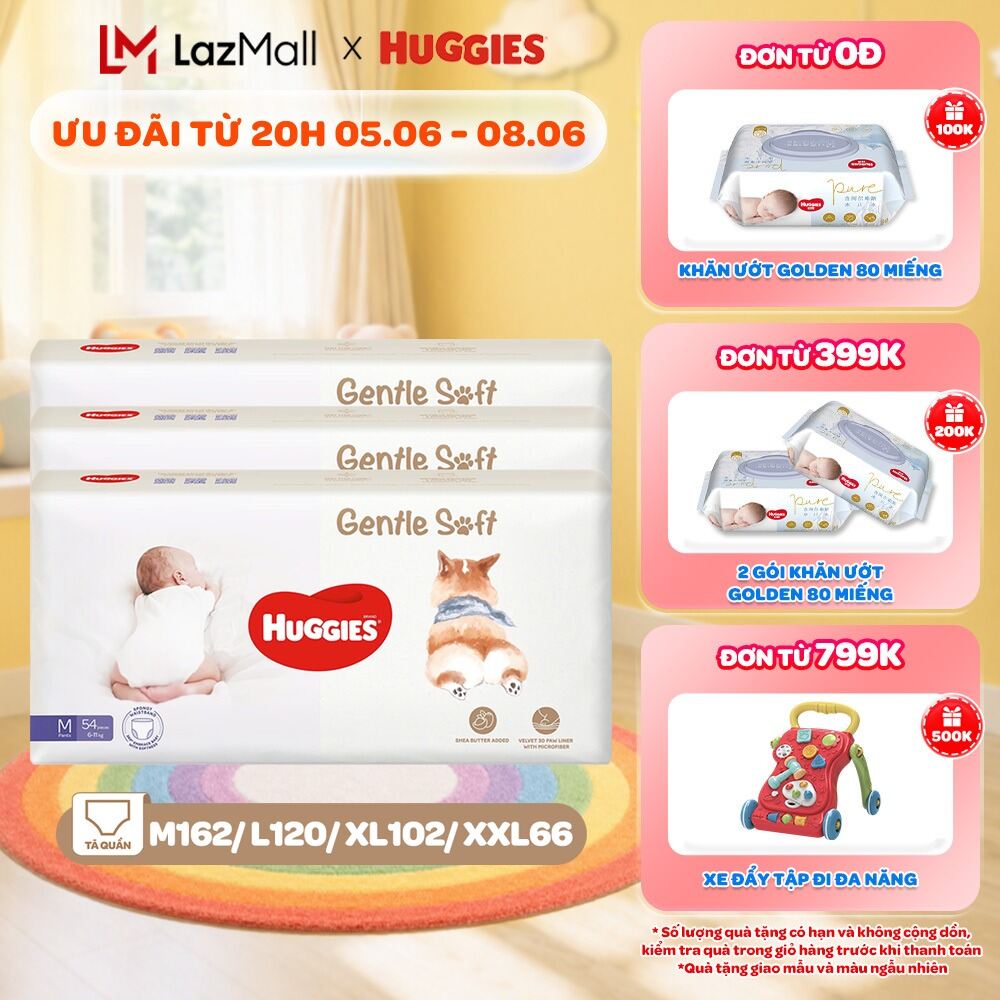 Combo 3 Tã quần Huggies Gentle Soft - Corgi M54/L40/XL34/XXL22 miếng êm mềm nâng niu làn da bé