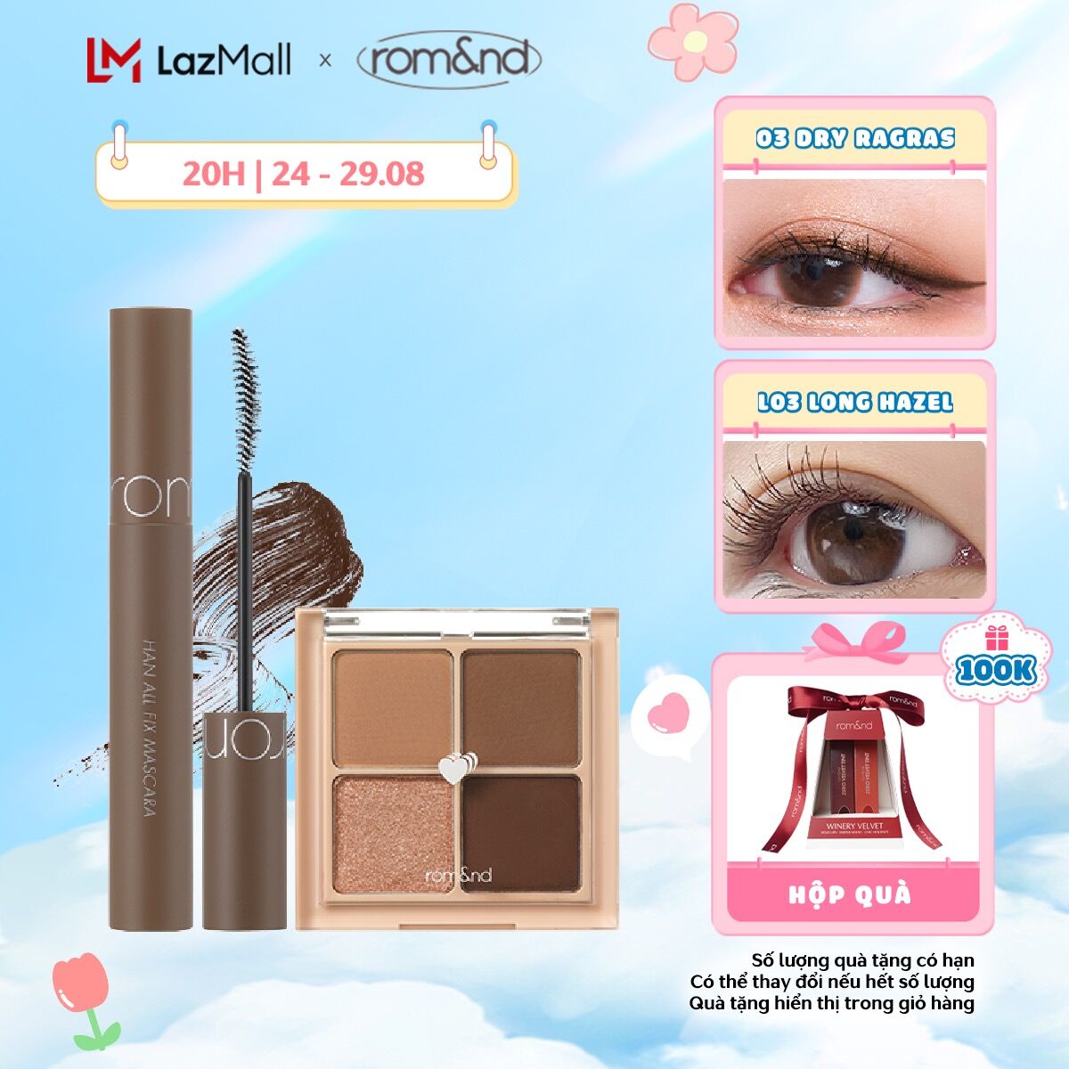 Combo Bảng màu mắt Romand Better Than Eyes 6.5g + Mascara chuốt mi Romand Han All Fix Mascara - Han All Line 7g