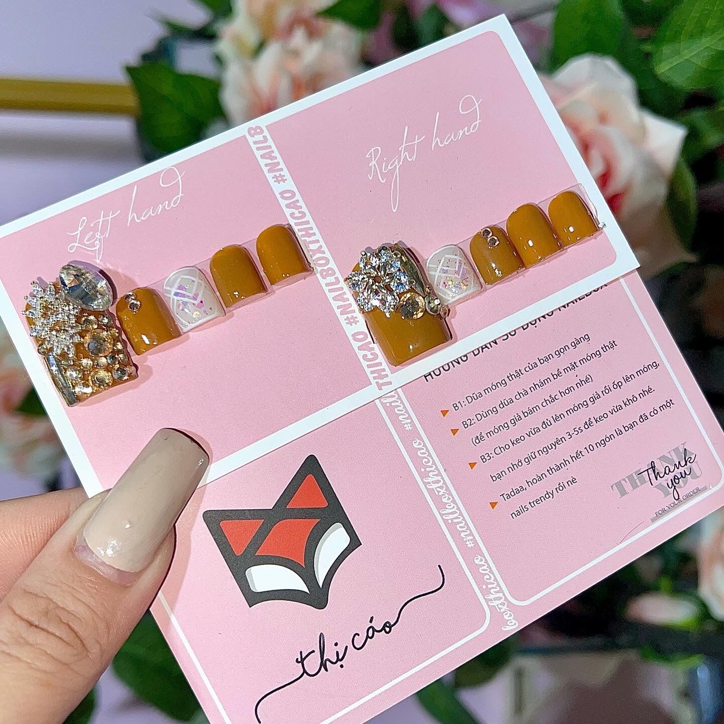 [Nails box] Móng chân giả đính đá nâu nhạt